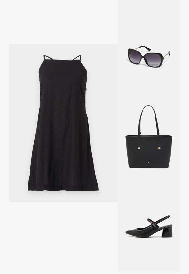 Rochie neagră, fără mâneci, cu bretele subțiri, realizată dintr-un material ușor. Are o siluetă liberă în formă de A, cu o margine dreaptă.; Cizme cu toc slingback din piele sintetică lacuită neagră, cu vârful ascuțit, un design cu decupaj rotunjit și toc bloc. Include un accent cu cataramă de culoare aurie.; Ochelari de soare negri, supradimensionați, cu lentile degradate, rame groase și detalii cu lanț de ton auriu pe brațele templului.; Pungă tote neagră, fabricată din material sintetic, având un design simplu rectangular, accente aurii pătrate și mânere duble.