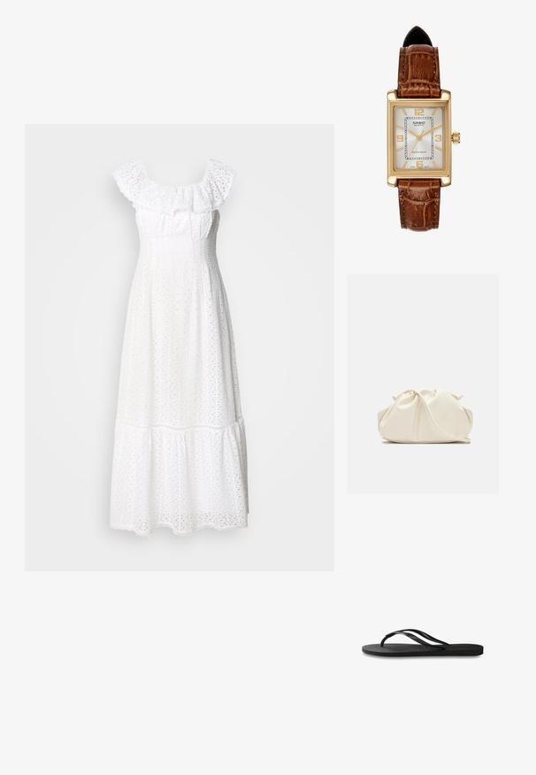 Balta midi kleita ar volānu apkakli, broderie anglaise tekstūru, pieguļošu korpusu un kārtainu svārku ar viļņotu apakšmalu.; Melni čības ar teksturētu gumijas zoli, divām plānām siksniņām un smalku, iespiedotu logotipa detaļu uz siksniņas.; Krēmkrāsas, mīksta mākslīgā āda, soma ar pulcēta dizaina, regulējamu jostu un diskrētu aukliņu aizdari. Gluda tekstūra un noapaļota forma.; Casio kvarts pulksteins ar taisnstūra zelta tonis korpusu, balto ciparnīcu, zelta stundu marķieriem un brūnu ādas krokodila raksta siksnu. Ūdensizturīgs.