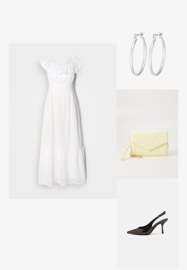 Valge midi kleit, millel on volangiga kaelus, broderie anglaise tekstuur, kehaümber ja kihiline seelikuosa lainelise servaga.; Kare kõrge kontsaga king, läikiv tumepruun lakknahast, terava nina, avatud külgedega ja reguleeritava pahkluuringiga.; Kollane kudumine käekott, millel on klapp disain, eemaldatav randme rihm ja kuldne ahelakaunistus. Sile tekstuur ja ristkülikuline kuju.; Hõbedased rõngaskõrvarõngad, millel on sile, läikiv viimistlus. Ümmargune kuju ja turvaline klõpsulatus. Kerge disain, sobib igapäevaseks kandmiseks.