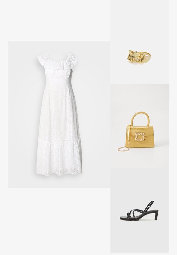 Valkoinen midi-mekko, jossa on röyhelökaulus, broderie anglaise -tekstuuri, istuva yläosa ja kerroksellinen hame, jossa on aaltoileva helma.; Mustat hihnalligat, joissa on neliön muotoinen kärki ja matala lohkokorko. Ominaisuuksiin kuuluu useita ohuita hihnoja ja säädettävä nilkkahihna. Valmistettu sileästä nahasta.; Keltainen keinonahkainen krokotiililaukku, jossa on jämäkkä muotoilu, yläkahva, irrotettava ketjusanka ja koristeellinen kristallikoristelu lukossa.; Kullanışlı bir ayarlanabilir yüzüğe sahip, üç belirgin zirveye sahip dokulu, dalgalı düzene sahip altın yüzük. Düzgün, parlak yüzey ve açık bant ile tasarlanmış.