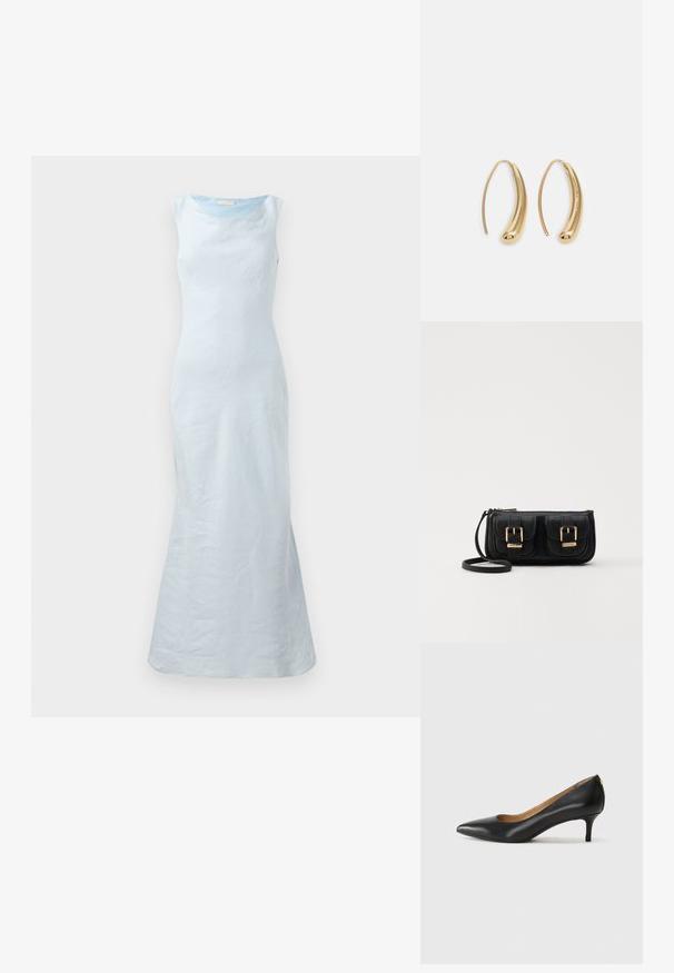 Rochie fără mâneci de culoare albastru deschis, cu decolteu rotund, crăci ajustate și tiv evazat. Fabricată dintr-un material delicat, cu o textură subtilă.; Pantofii din piele neagră au vârful ascuțit, toc mic și o textură netedă. Au o deschidere ușoară în față și un hardware minim în spate.; Geantă neagră din piele, tip crossbody, cu două buzunare frontale, catarame aurii, închidere cu fermoar și o curea subțire. Suprafață texturată și formă rectangulară compactă.; Cercei din metal auriu, cu un design curbat și alungit. Au o suprafață netedă și strălucitoare, cu un vârf rotunjit pentru un detaliu suplimentar.