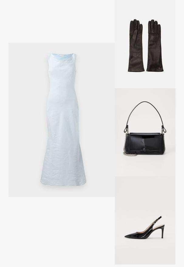 Šviesiai mėlynas be rankovių suknelė su apvaliu iškirpimu, prigludusia liemene ir platėjančiu apačiu. Pagaminta iš lygaus audinio su subtilia tekstūra.; Juodas lakinės odos slingback batelis su smailiu nosiu, plonu kulnu ir subtiliu išpjovos dizainu. Yra auksinė sagtis ant dirželio.; Juodas lakinės odos rankinės ilgis stačiakampis, su grandinėlės dirželiu ir išskirtiniu metaliniu akcentu centre. Lygus paviršius.; Weekend Max Mara SENAPE - Pirštinės - nero