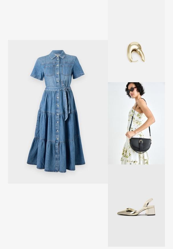 Denimdress med krage, korte ermer, to frontlommer, knapplukking foran, belte i midjen og lagdelt skjørtdesign i blå.; Gull, metallisk slingback-hæler med spiss tå og chunky hæl. Glatt tekstur, minimalistisk design og en smal stropp.; Svart lærveske med en buet form, avtagbar stropp og gullbeslag. Vesken har et klaff med spenne-detall.; Gullfarget metalløredobber med et elegant, buet design. Har en karakteristisk spiss form, polert overflate og hengsel-lukking.