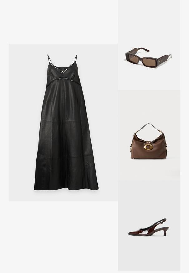 Juodos odinės maksi suknelės su plonomis petnešomis. Yra V formos iškirptė ir subtilūs išpjovimai su dekoratyvine siuvinėjimo siūle. Lygus audinys, laisvas siluetas.; Rudos lakuoti odiniai slingback batai su smailiu pirštu ir vidutinio aukščio kulnu. Yra sagties dirželis, užtikrinantis tvirtą prigludimą. Lygus paviršius.; Gucci akiniai su stačiakampiais rudi objektyvais, vėžlio kiauto acetato rėmu ir auksiniu logotipu šventyklose.; Ruda odinė rankinė su tekstūruotu paviršiumi, turinti auksinės spalvos užsegimą ir vieną išlenktą petį.