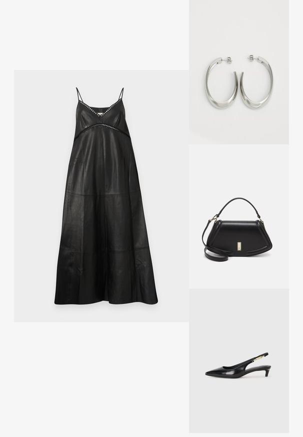 Μαύρο δερμάτινο maxi φόρεμα με λεπτές τιράντες. Διαθέτει V-λαιμόκοψη και διακριτές ανοίξεις με διακοσμητική ραφή. Λείος υφασμάτινος υφή, χαλαρή σιλουέτα.; Μαύρες δερμάτινες γόβες slingback με μυτερή μύτη, διαθέτοντας λεπτό τακούνι και χρυσή λεπτομέρεια στην ρυθμιζόμενη λωρίδα. Λείος υφές.; Μαύρη δερμάτινη τσάντα με δομημένο σχέδιο, που διαθέτει κομμένο σχήμα, επάνω λαβή και χρυσά μεταλλικά στοιχεία. Περιλαμβάνει ρυθμιζόμενο λουρί ώμου.; Ασημένια σκουλαρίκια κρίκοι με μαλακή, καμπυλωτή σχεδίαση. Διαθέτουν γυαλιστερή μεταλλική υφή και κλείσιμο με σφίγγα. Χωρίς ορατά μοτίβα ή διακοσμήσεις.