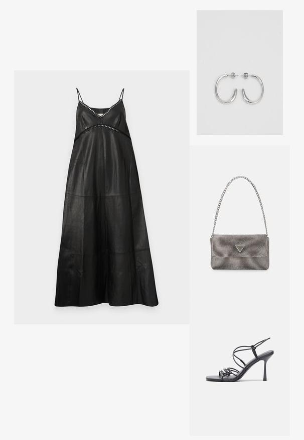 Maksimekko mustasta nahasta, jossa on ohuet olkaimet. Sillä on V-pääntie ja hienovaraisia leikkauksia koristeompeleilla. Sujuva rakenne, löysä siluetti.; Mustat korkokengät sandaalit, joissa on ohuet hihnat solmittuna, sileä neliön muotoinen varvasosa ja tyylikäs stiletto-korko.; Vaalea harmaa metallinen käsilaukku, jossa on ketjusanka. Laukku on koristeltu pienillä pyöreillä metallikoruilla ja kolmion muotoisella brändilogolla.; Hopeiset korvarenkaat, joissa on sileä ja kiiltävä pinta, kaareva muoto ja piikkikiinnitys. Minimalistinen muotoilu modernilla viimeistelyllä.