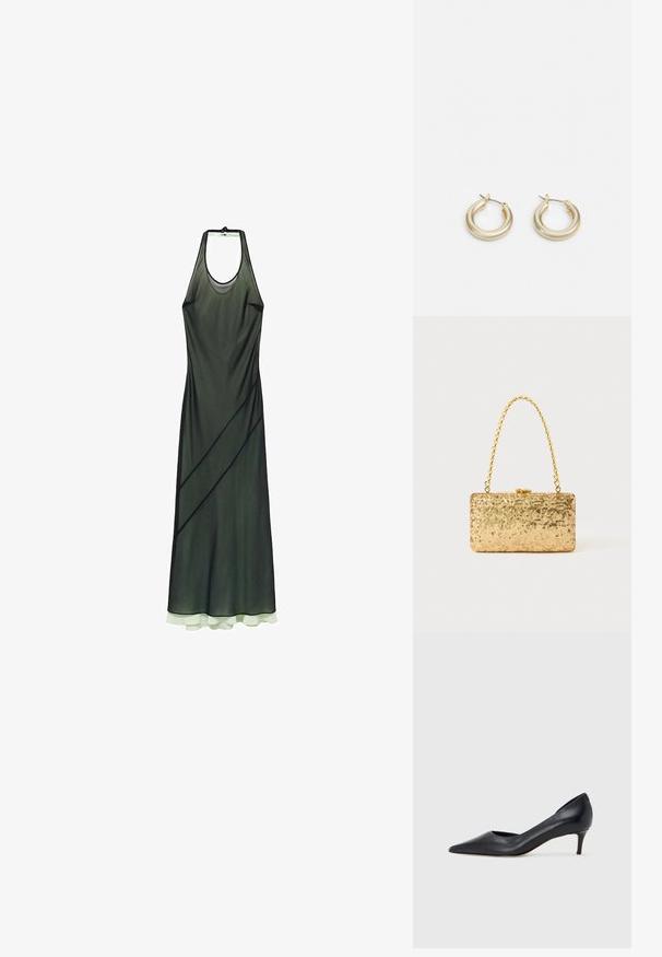 Abito a collo halter in tessuto trasparente verde scuro con righe diagonali e un orlo sovrapposto di verde chiaro. Texture liscia, design fino al pavimento.; Décolleté in pelle nera con punta affusolata e tacco basso. Presenta una texture liscia e una lucentezza sottile. Taglio aperto sulla parte anteriore per un dettaglio aggiuntivo.; Clutch oro in paillettes con forma rettangolare, dotata di una maniglia in catena attorcigliata e una chiusura a scatto in metallo, che riflette la luce con una finitura testurizzata.; Lauren Ralph Lauren BASIC SMALL HOOP - Orecchini - gold-coloured