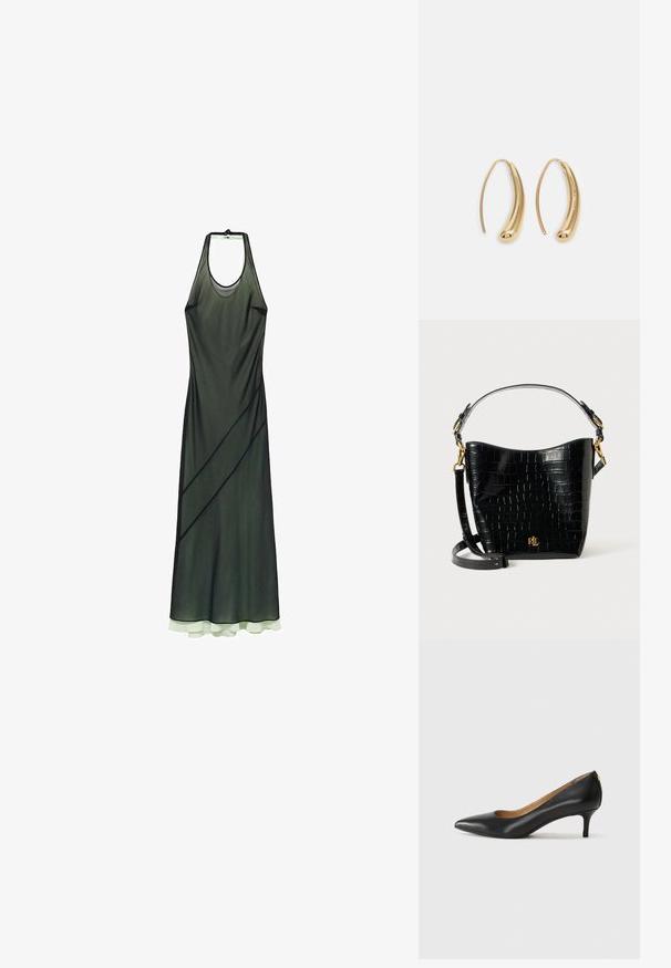 Abito a collo halter in tessuto trasparente verde scuro con righe diagonali e un orlo sovrapposto di verde chiaro. Texture liscia, design fino al pavimento.; Décolleté in pelle nera con punta affilata, tacco basso e texture liscia. Presenta un leggero apertura sulla parte anteriore e hardware minimale sul retro.; Borsa in pelle nera con effetto coccodrillo, dalla forma curvata, con dettagli in metallo dorato, una tracolla regolabile e un logo sul davanti.; Orecchini a cerchio in metallo color oro con forma curva ed allungata. Presentano una superficie liscia e lucida e una punta arrotondata per un tocco di dettaglio in più.