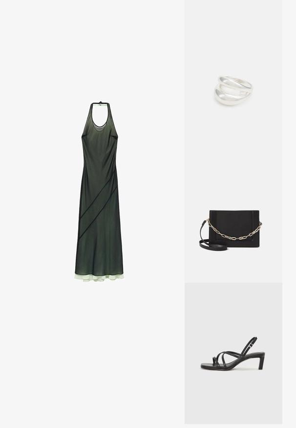 Sukienka z halterem w przezroczystym, ciemnozielonym materiale z ukośnymi liniami i warstwowym, jasnozielonym dołem. Gładka tekstura, sięgająca podłogi.; Czarne sandały na obcasie z prostokątnym noskiem i niskim słupkowym obcasem. Posiadają wiele cienkich pasków i regulowany pasek na kostkę. Wykonane z gładkiej skóry.; Czarna skórzana torebka typu crossbody z gładką teksturą, prostokątnym kształtem oraz metalowym detalem w postaci łańcuszka z przodu. W zestawie regulowany pasek.; Srebrna obrączka podwójna z gładką, polerowaną powierzchnią. Posiada płynny, zakrzywiony kształt z nakładającymi się sekcjami, co nadaje nowoczesny wygląd.
