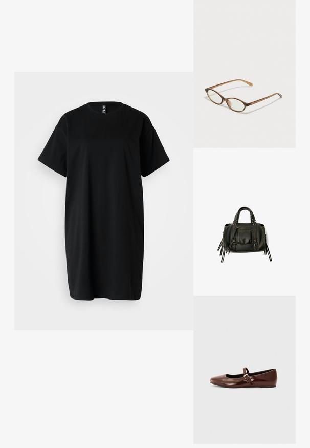 Fekete, túlméretezett póló sima pamutból, kerek nyakkal és rövid ujjal. Egyszerű dizájn, minta vagy kiegészítők nélkül.; Barna lakkbőr balerina cipő, négyzetes orral és kis arany csattal ellátott pánttal. Simább textúra, alacsony sarok és minimalista dizájn.; Barna teknős páncélmintás szemüveg, ovális lencsékkel, vékony szárakkal és átlátszó részletekkel. A templomon diszkrét logó található. Elegáns, könnyű dizájn.; Fekete bőrtáska fonott füllel, cipzáras zsebbel és lógó bojtokkal. Texturált felület fém szegecsekkel és hardver díszítésekkel.