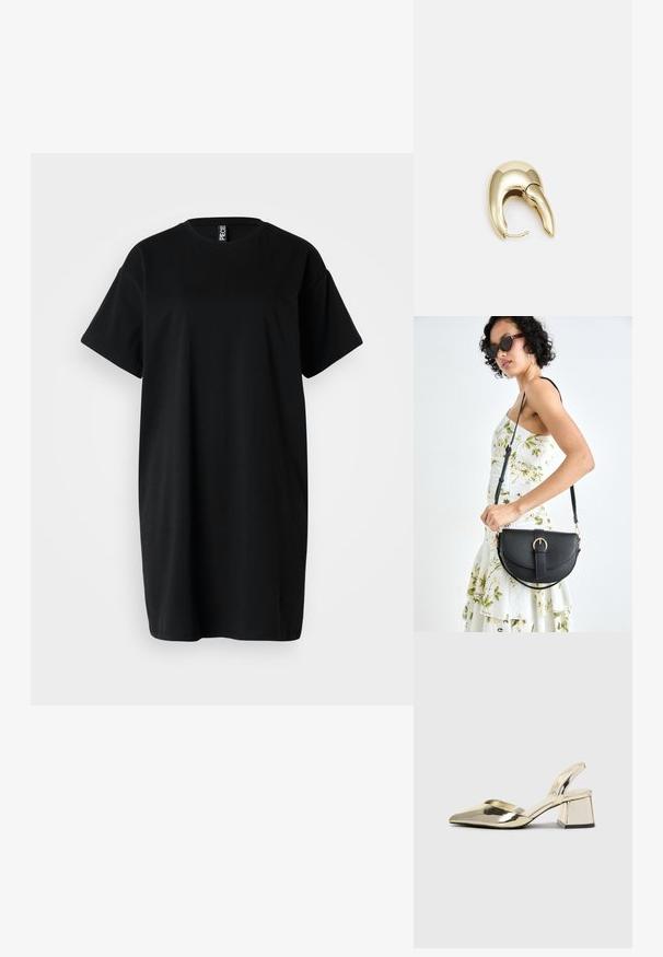 Juodas per didelis marškinėlių, pagamintas iš lygaus medvilnės, su apvaliu iškirpimu ir trumpomis rankovėmis. Paprastas dizainas, be raštų ar akcentų.; Auksiniai, metaliniai slingback aukštakulniai bateliai su smailiu pirštu ir masyviu kulnu. Lygus paviršius, minimalizmo dizainas ir siaura juostelė.; Juodas odinis krepšys su išlenkta forma, nuimamu dirželiu ir auksiniais detalėmis. Krepšys turi kilpą su sagtimi.; Aukso tono metalinės auskarai su stilingu, kreiviu dizainu. Išsiskiria ryškiu smailiu pavidalu, poliruota paviršiumi ir užsegimu su vyriu.