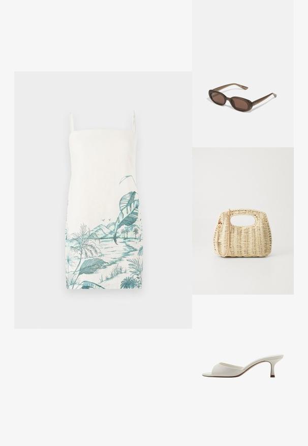 Ärmelloses cremefarbenes Kleid mit einem türkisfarbenen botanischen Landschaftsdrift, der Blätter, Berge und Wasser zeigt, aus leichtem Stoff gefertigt.; Weiße, offene High-Heel-Mules mit glatter Oberfläche, minimalistischer Gestaltung und schlankem Absatz, ausgestattet mit einem subtilen braunen Akzent auf der Sohle.; Braune ovale Sonnenbrillen mit dunklen Gläsern. Das Gestell besteht aus einem transparenten braunen Material und hat ein auf den Bügeln aufgedrucktes Logo.; Geflochtene Strohtasche in hellem Beige mit runder Form, offenem oberen Teil und einem abnehmbaren Trageriemen. Auffällige Textur und komplexes Flechtmuster.
