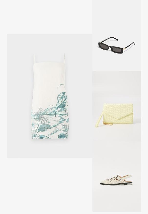 Vestido sin mangas color crema con un estampado de paisaje botánico turquesa que presenta hojas, montañas y agua, hecho de una tela ligera.; Sandalias slingback de cuero blanco con múltiples correas anchas y hebillas plateadas; suela plana con un pequeño tacón negro y acentos metálicos.; Gafas de sol rectangulares negras con lentes oscuros, montura de plástico brillante y detalles dorados en las patillas. Diseño minimalista y forma elegante.; Cartera de mano tejida amarilla con diseño de solapa, correa de muñeca desmontable y acento de cadena dorada. Textura suave y forma rectangular.; Aretes de aro de oro con un acabado suave y brillante. Diseño circular que presenta un pequeño post y un respaldo transparente para un uso seguro.