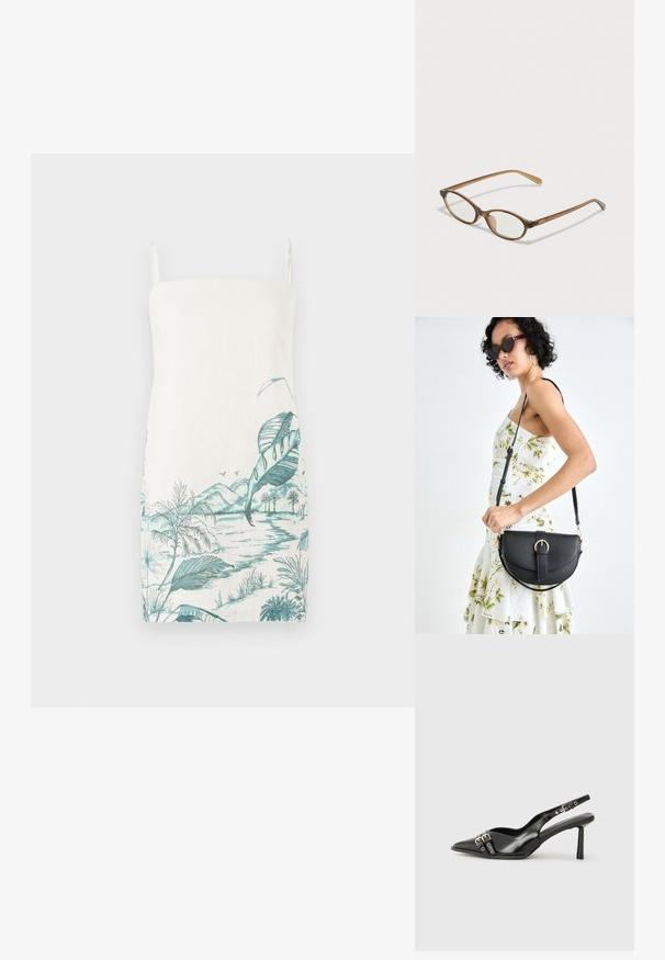 Beikarė, kreminė suknelė su turkio spalvos botanikos peizažo spauda, kurioje pavaizduotos lapai, kalnai ir vanduo, pagaminta iš lengvos medžiagos.; Juodas lakuotas odinis batelis su smailiu pirštu, kulkšnies dirželiais su sidabrinėmis sagtimis ir detalėmis, bei plonu kulnu.; Rudos aukso dėklai su ovaliais lęšiais, plonomis kojelėmis ir skaidriais akcentais. Ant šventyklos yra subtilus logotipas. Plonas, lengvas dizainas.; Juodas odinis krepšys su išlenkta forma, nuimamu dirželiu ir auksiniais detalėmis. Krepšys turi kilpą su sagtimi.