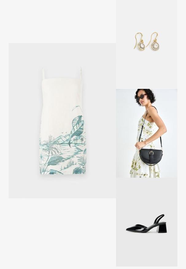 Hihaton, kerma värinen mekko, jossa on turkoosi kasvi-aiheinen kuvasto, joka esittää lehtiä, vuoria ja vettä, valmistettu kevyestä kankaasta.; Mustat patentoitu nahkakengät, joissa on säären takaosa ja terävä kärki, sekä geometrinen palikkakorko. Sisältää tyylikkään, minimalistisen muotoilun ja sileän pinnan.; Musta nahkainen käsilaukku, joka on kaareva muotoilultaan, irrotettavalla hihnalla ja kultaisilla yksityiskohdilla. Laukussa on läppä, jossa on solk yksityiskohta.; Kultaiset korvakorut, joissa on soikeat, läpinäkyvät kivet, joita ympäröivät pienemmät läpinäkyvät kivet. Korvakoruissa on koukkuminen, joka takaa turvallisen käytön.