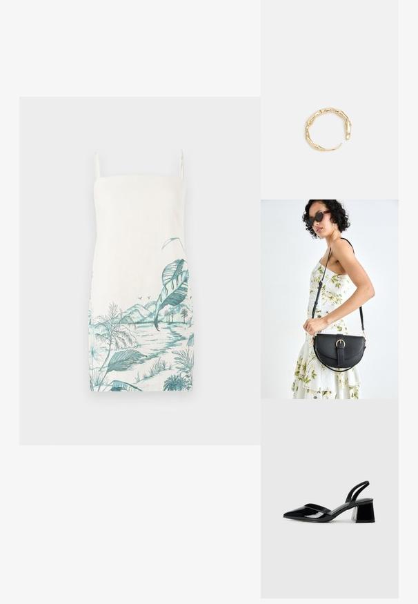 Ärmelloses cremefarbenes Kleid mit einem türkisfarbenen botanischen Landschaftsdrift, der Blätter, Berge und Wasser zeigt, aus leichtem Stoff gefertigt.; Schwarze Lackleder-Slingback-High Heels mit spitzem Schuh und einem geometrischen Blockabsatz. Verfügt über ein schlankes, minimalistisches Design und eine glatte Textur.; Schwarze Lederhandtasche mit geschwungener Form, abnehmbarem Tragegurt und goldenen Beschlägen. Die Tasche verfügt über einen Deckel mit einer Schnallen-Details.; Goldfarbener Ring mit einem organischen, gedrehten Design, glatter Oberfläche und sich verjüngenden Enden, was ein modernes, skulpturales Erscheinungsbild erzeugt.