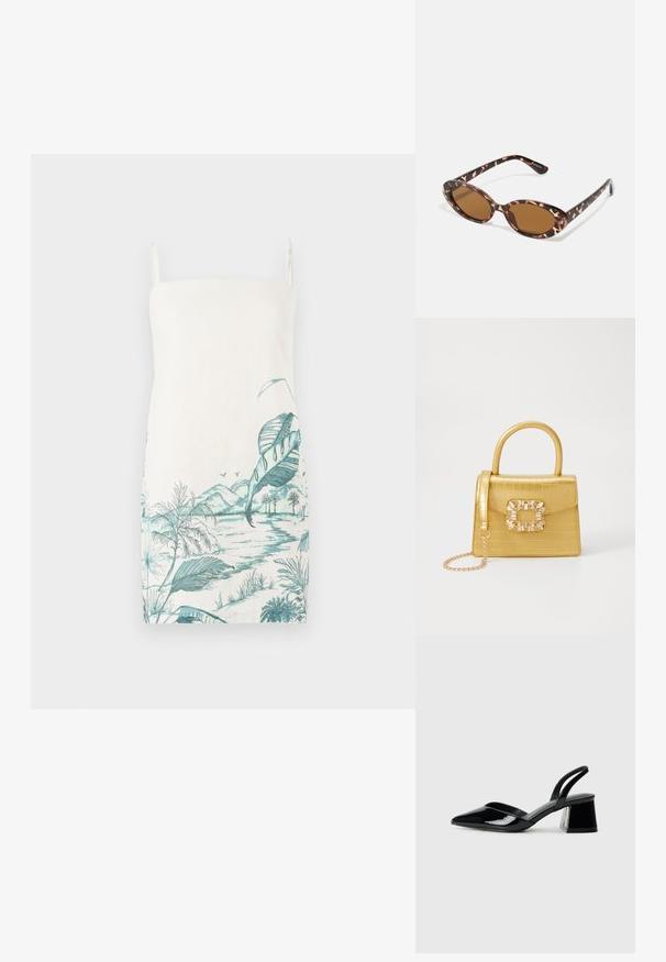 Rochie fără mâneci, crem, cu un imprimeu de peisaj botanic turcoaz reprezentând frunze, munți și apă, realizată dintr-un material ușor.; Pantofi cu toc slingback din piele lacuită neagră, cu vârf ascuțit și toc geometric. Prezintă un design elegant, minimalist și o textură netedă.; Ochelari de soare cu mâneri tortoise, cu lentile ovale, cu nuanță maro, brațe subțiri ce au un model texturat, cadru din plastic ușor.; Geantă galbenă din faux-crocodil cu un design structurat, mână superioară, curea detașabilă cu lanț și embellisment decorativ cu cristale pe închidere.