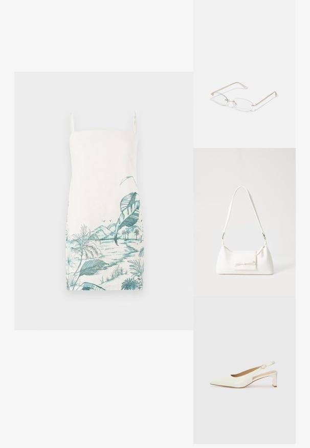 Siniste varrukateta kreemikleit, millel on türkiissinine botaaniline maastikukujundus, kus on kujutatud lehti, mägesid ja vett, valmistatud kergest kangast.; Valge patentnahast slingback king, millel on terav varvas ja madal plokkkonts. Omab peent rihma koos kuldse detailiga. ; Kuldne metallist prillid ovaalsete läätsede, kitsaste sanga ja selgete nina padjadega. Omab tagasihoidlikke hinge aktsente ja läbipaistvaid läätsi.; Valge sünteetilisest materjalist kott kolmnurkse kujuga, lame esiklapiga ja kaaredetailiga, reguleeritava rihmaga, sileda tekstuuriga ja minimalistliku disainiga.