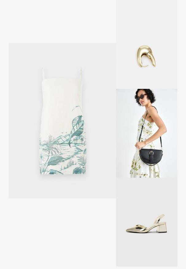 Ermeløs, kremfarget kjole med et turkis botanisk landskapstrykk som viser blader, fjell og vann, laget av lett stoff.; Gull, metallisk slingback-hæler med spiss tå og chunky hæl. Glatt tekstur, minimalistisk design og en smal stropp.; Svart lærveske med en buet form, avtagbar stropp og gullbeslag. Vesken har et klaff med spenne-detall.; Gullfarget metalløredobber med et elegant, buet design. Har en karakteristisk spiss form, polert overflate og hengsel-lukking.