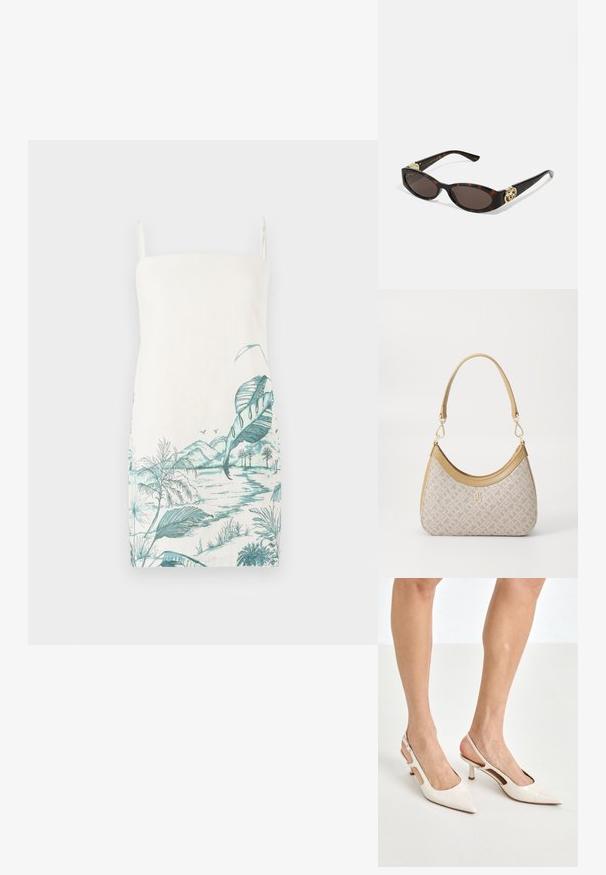 Abito senza maniche color crema con stampa botanica in turchese che presenta foglie, montagne e acqua, realizzato in tessuto leggero.; Tacchi slingback in pelle lucida beige con punta affusolata e tacco di 5 cm, caratterizzati da lati traforati e una sottile fascia alla caviglia.; Occhiali da sole tartarugati con lenti ovali allungate, tonalità marrone, accenti dorati con logo sulle tempie e aste nere eleganti.; Borsa a tracolla beige con un motivo stampato, forma curvata, dettagli in pelle e un logo dorato sul davanti. Presenta una maniglia corta per un facile trasporto.