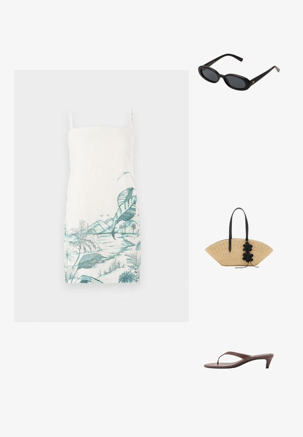 Ärmelloses cremefarbenes Kleid mit einem türkisfarbenen botanischen Landschaftsdrift, der Blätter, Berge und Wasser zeigt, aus leichtem Stoff gefertigt.; Braune, mit Absatz versehene Flip-Flop-Sandale mit einem schmalen Riemen und abgerundetem Zehensteg, der ein kleines goldfarbenes Akzent auf dem Fußbett aufweist.; Schwarze, oversized Sonnenbrillen mit ovalen Gläsern, glattem Kunststoffrahmen und goldenen Akzenten an den Bügeln. Die dunklen Gläser bieten Sonnenschutz.; Stroh-Handtasche mit einem breiten, fächerförmigen Design, schwarzen Ledergriffen und schwarzen floralen Akzenten auf einer Seite.