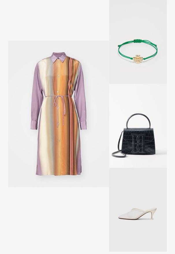 Garums piedurkņu kleita purpursarkanā un oranžā gradientā ar pogām, saistītu vidukli un vertikālām svītrām, izgatavota no gludas auduma.; Baltas austs punka purngals mūlis ar šauru vidēji augstu papēdi un uzvelkamu dizainu uz vienkārša fona.; Melnas krokodila rakstā izgatavota ādas rokassoma ar strukturētu dizainu, augšējo rokturi, regulējamu siksnu un izteiktu priekšējo logotipa detaļu.; Zaļa regulējama aukliņa aproce ar zelta zieda formas piekariņu ar izliektām detaļām un centrālu caurspīdīgu kristālu.