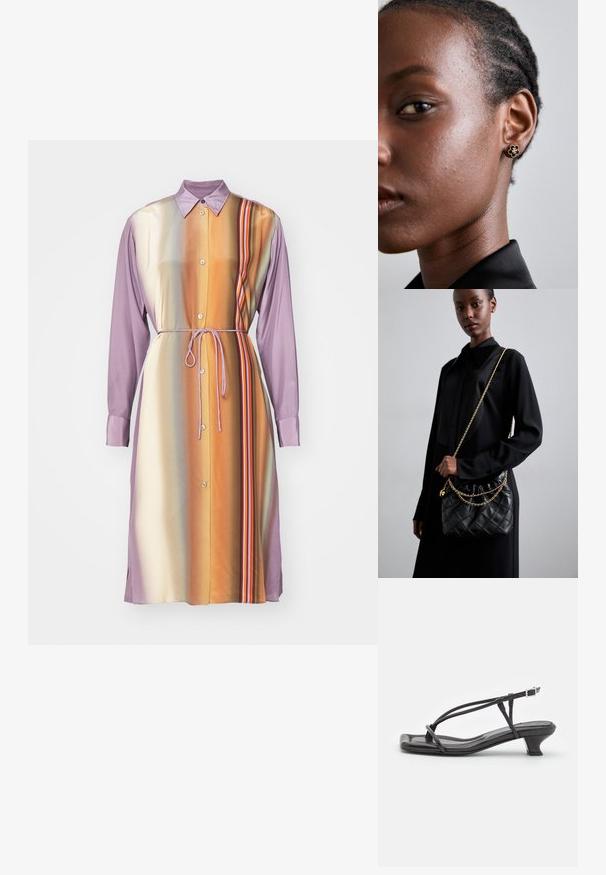 Langarmkleid in lila-orange Farbverlauf mit Knöpfen, Taillengürtel und vertikalen Streifenakzenten, aus glattem Stoff.; Schwarze Leder-Sandale mit dünnen Riemen, niedrigem Blockabsatz und quadratischer Spitze. Sie verfügt über einen Schnallenverschluss und eine glatte Textur.; Schwarze gesteppte Ledertasche mit einem gerafften oberen Teil, goldfarbener Kettenriemen und rechteckiger Form, vor einem schlichten Hintergrund gehalten.; Die goldenen Blumensteckerohrringe haben ein strukturiertes schwarzes Zentrum und zarte Verzierungen. Die klare Haut und die geflochtenen Haare des Modells sind profilseitig sichtbar.