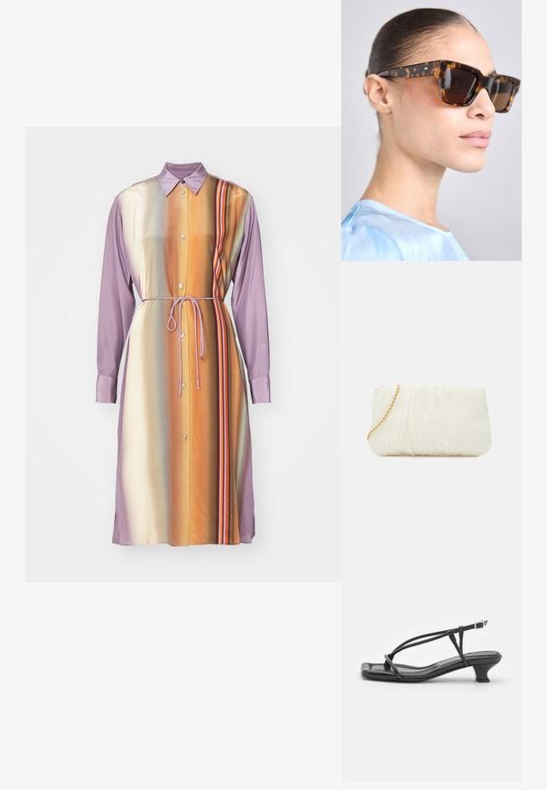 Pikkade varrukatega kleit lilla ja oranži gradientiga, nööpidega, seotud vööga ja vertikaalsete triipudega, valmistatud siledast kangast.; Must must sandaalid, millel on õhukesed rihmad, madal plokknina ja ruudukujuline varvas. Omab kinnitust nahkel ja sile pind.; Kilpkonnakoore prillid, millel on paks, ristkülikukujuline raam. Tumedad objektiivid ja kuldtooni aktsendid templitel. Sujuv, läikiv viimistlus.; Valge tekstuuriga käekotike, millel on volditud disain ja kuldne ahel. Sile viimistlus peente lainetega ja ümarate servadega.; Hõbedased pärli kõrvarõngad, millel on kumer oas kuju. Sile, läikiv pind, kinnitatud postiga ja tagumise sulguri abil.