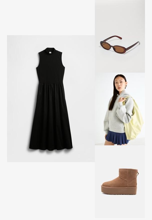 Svart, ermeløs kjole med falsk høyhalset, tettsittende overdel og innsvingt midje som går over i et flytende skjørt. Laget av et glatt stoff.; Lys brun semsket ankelstøvel med platåsåle, rund tå og sømdetaljer; har en pull-tab bak for enkel påkledning.; Runde, brune solbriller med en blank burgunderfarvet ramme. Slanke arme med subtile brandingdetaljer. Flad linse design.; Grå oversized hettegenser med kengurulomme, kombinert med et marineblått skjørtesnitt med flare. Tilbehør: stor lys gul ryggsekk med glatt tekstur.