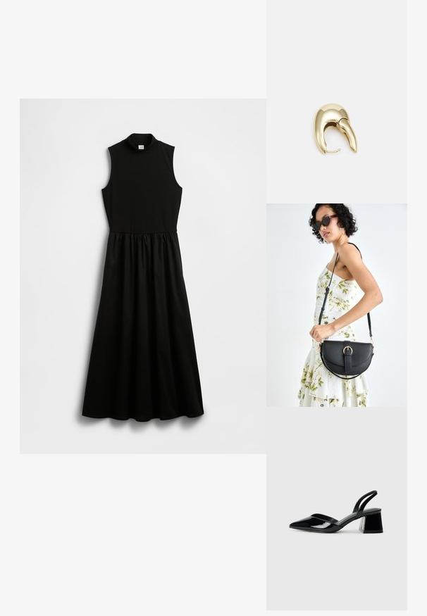 Czarna sukienka bez rękawów z wysokim, półgolfem, dopasowaną górą i marszczonym stanem, który przechodzi w lejący się dół. Wykonana z gładkiej tkaniny.; Czarne lakierowane półbuty na obcasie z wydłużonym noskiem i geometrycznym słupkiem. Charakteryzują się eleganckim, minimalistycznym designem oraz gładką fakturą.; Czarna skórzana torebka o zakrzywionym kształcie, z odpinanym paskiem i złotymi akcentami. Torebka posiada klapę z zapięciem w kształcie klamry.; Złote metalowe kolczyki o eleganckim, zakrzywionym kształcie. Posiadają charakterystyczny szpiczasty kształt, polerowaną powierzchnię oraz zapięcie na zawias.