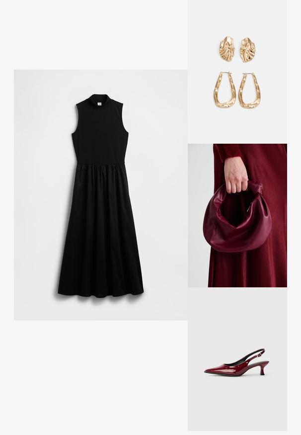 Czarna sukienka bez rękawów z wysokim, półgolfem, dopasowaną górą i marszczonym stanem, który przechodzi w lejący się dół. Wykonana z gładkiej tkaniny.; Bordo lakierowane sandały na szpilce z lekko spiczastym noskiem i smukłym obcasem. Otwarta tylna część z regulowanym paskiem na kostkę.; Bordowa skórzana torebka o miękkim, marszczonym wyglądzie i zaokrąglonym kształcie. Uchwyt jest zabezpieczony, co podkreśla gładką fakturę.; Złote kolczyki w odcieniu, prezentujące teksturowane, faliste kształty. Zawierają rzeźbiarskie klipsy i otwarty projekt kółek z młotkowanym wykończeniem.