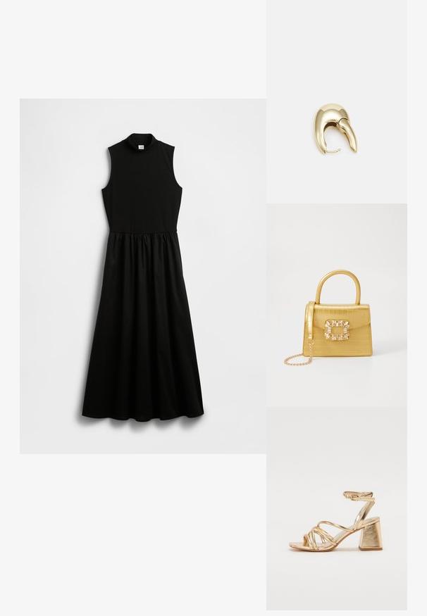 Svart, ermeløs kjole med falsk høyhalset, tettsittende overdel og innsvingt midje som går over i et flytende skjørt. Laget av et glatt stoff.; Gyldne metalliske hæle-sandaler med en strappy design, kvadratisk blokhælhæl og justerbar ankelrem med spænde. Glat tekstur.; Gul faux-krokodille veske med en strukturert design, toppen håndtak, avtagbar kjede stropp, og dekorativ krystallbortsettelse på låsen.; Gullfarget metalløredobber med et elegant, buet design. Har en karakteristisk spiss form, polert overflate og hengsel-lukking.