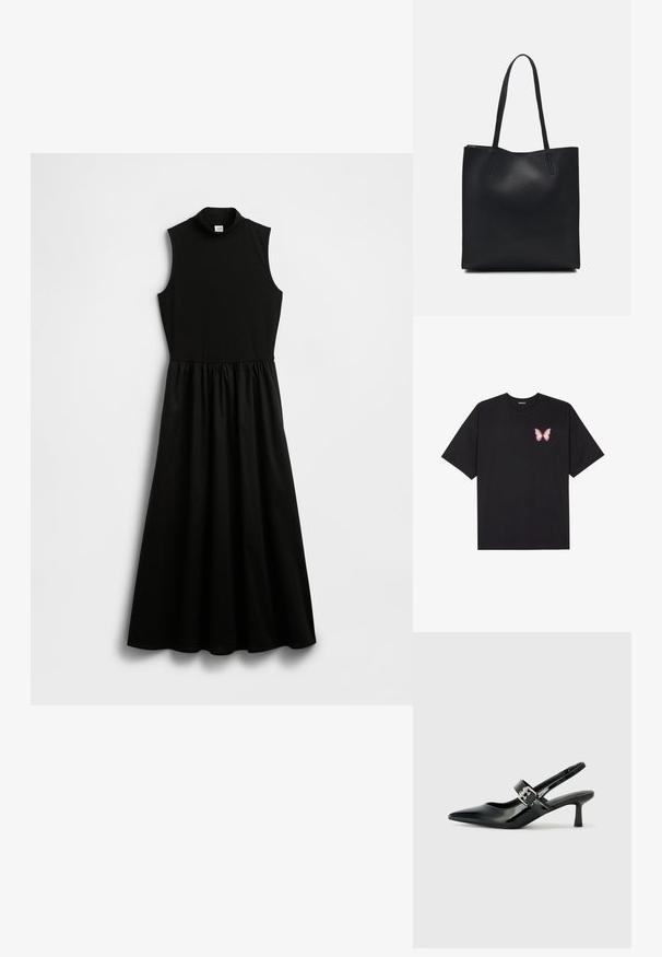 Svart, ermeløs kjole med falsk høyhalset, tettsittende overdel og innsvingt midje som går over i et flytende skjørt. Laget av et glatt stoff.; Svart bomulls T-skjorte med korte ermer, med en liten rosa sommerfugl grafikk på venstre bryst. Crew-neck design med en avslappet passform.; Svarte patent lær slingback hæler med spiss tå og en liten blokkheel, med en sølvspenne som detalj på stroppen.; Svart lær tote bag med glatt tekstur, rektangulær form og to lange håndtak. Ingen synlige deler eller dekorasjoner.