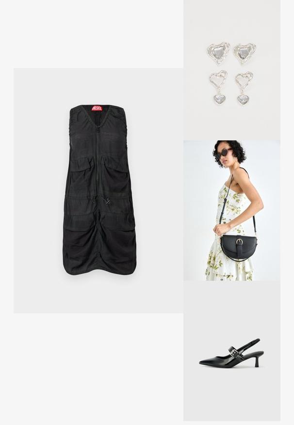 Vestido preto sem mangas com decote em V, fecho frontal e dois bolsos grandes. Apresenta textura franzida e detalhes com cordão para ajustes de tamanho.; Saltos slingback em verniz preto com bico pontiagudo e um pequeno salto bloco, apresentando um detalhe de fivela prateada na tira.; Bolsa de couro preta com forma curva, alça destacável e detalhes em dourado. A bolsa possui uma aba com detalhe de fivela.; Os brincos em forma de coração prateados apresentam pedras claras facetadas, com uma moldura texturizada. O conjunto inclui estilos de botão e de gota.