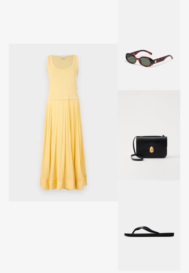 Robe sans manches jaune avec un corsage ajusté et une jupe plissée et fluide. Tissu doux avec une texture lisse et un détail d'ourlet subtil.; Tong sandale en caoutchouc noir avec une bride en T texturée et une semelle plate simple, montrée de côté sur un fond clair.; Lunettes de soleil en écaille de tortue avec verres foncés, en forme ovale et avec des branches larges. Présente un petit accent doré sur le côté. Matériau en plastique lisse.; Sac à main en cuir noir avec une forme rectangulaire structurée. Équipé d'un fermoir ovale doré et d'une fine bandoulière. Texture lisse.