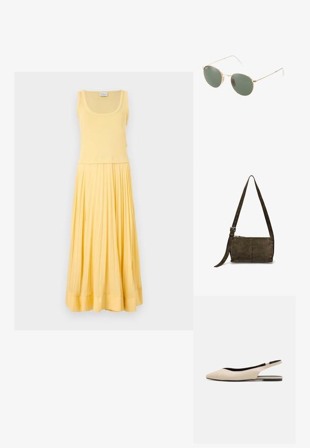 Mouwloze gele jurk met een aansluitend lijfje en een geplooide, vloeiende rok. Zachte stof met een gladde textuur en een subtiele zoomdetail.; Beige leren slingback ballerina's met een spitse neus, minimalistisch ontwerp, gladde textuur en een lage zwarte zool.; Gouden metalen zonnebril met groene lenzen, ronde vorm, dunne pootjes en witte plastic accenten op de uiteinden van de steunen.; Donkergroene leren schoudertas met een ritssluiting aan de bovenkant, platte vorm, verstelbare band met perforaties en een gladde, matte textuur.