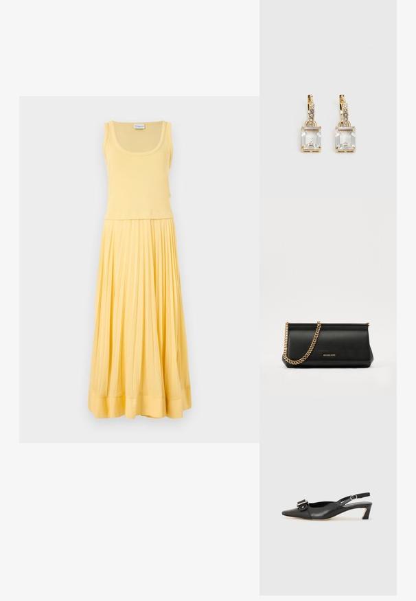 Robe sans manches jaune avec un corsage ajusté et une jupe plissée et fluide. Tissu doux avec une texture lisse et un détail d'ourlet subtil.; Chaussure slingback en cuir noir avec un bout pointu, un petit talon et un détail de boucle décoratif sur le dessus. Texture lisse, design minimaliste.; Sac à main en cuir noir avec une bandoulière en chaîne dorée, présentant une texture lisse, une forme rectangulaire et une marque embossée à l'avant.; Boucles d'oreilles en or lumineux avec un cristal rectangulaire transparent pendent sous une rangée de petits accents ronds transparents. Design élégant et moderne.