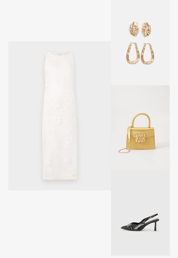 Vestido branco sem mangas com bordados florais, silhueta reta e tecido texturizado. Design minimalista sem fechos visíveis.; Sapato slingback preto em pele patentada com bico apontado, tiras no tornozelo apresentando fivelas e acessórios prateados, e um salto elegante.; Bolsa amarela em pele de crocodilo falsa, com um design estruturado, pega no topo, alça de corrente removível e decoração de cristal no fecho.; Brincos em tom de ouro com formas onduladas e texturizadas. Inclui studs escultóricos com presilha e um design de argola aberta com um acabamento martelado.