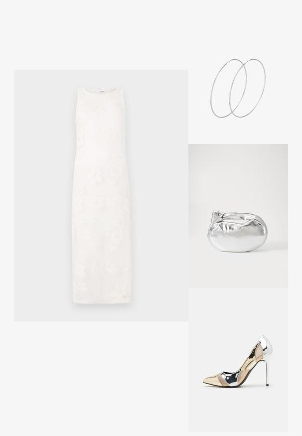 Bešėliai balti suknelė su gėlių siuvinėjimu, tiesia siluetu ir tekstūruotu audiniu. Minimalistinis dizainas be matomų užsegimų.; Aštrus pirštas aukštakulnis batelis su sidabro, aukso ir nuogų spalvų deriniu. Blizgus paviršius su išpjovos dizainu, su stiletto kulnu.; Sidabrinė metalinė maišelio forma su švelnia, apvalia forma ir mazgu užveriamu viršumi. Pagaminta iš lygios dirbtinės odos medžiagos.; Sidabrinės pusmėnulio auskarai minimalistiniu dizainu. Apskritimo forma, lygus paviršius ir plonas profilis. Lengvi su poliruotu apdailu.