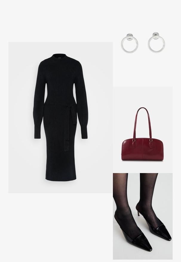 Črna pletena obleka z dolgimi rokavi, visokim izrezom in pasom. Silhueta je oprijeta, z ravnim midi dolžinskim robom.; Črne patentne mule s koničastim nosom in nizko obrobo. Imajo tanek peti in so kombinirane s črnimi prozornimi nogavicami.; Zign LEATHER - Torbica - dark red; Srebrni kovinski obročasti uhani z brušenjem, s krožno obliko in prozornim zatičem za varno nošenje.