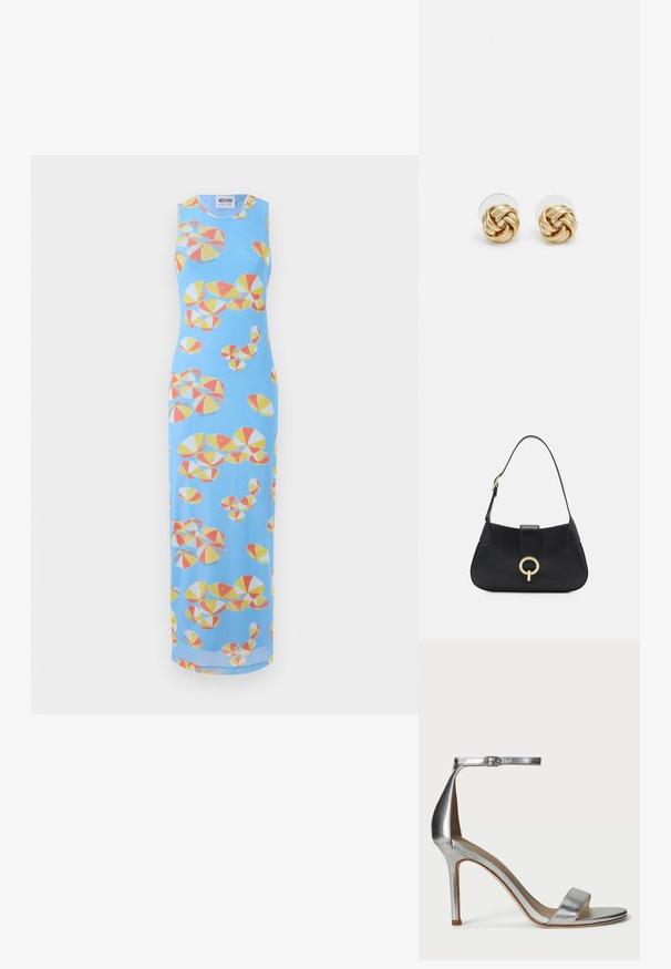 Bezrūču zila maksi kleita ar krāsainu ziedojumu, kurā redzami dzelteni, oranži un pelēki pludmales bumbas dažādos izmēros. Gluda tekstūra.; Sudraba augstpapēžu sandales ar šauru pirkstu siksniņu, potītes siksniņu ar sprādzi, elegantu dizainu un gludu metālisku tekstūru.; Melna ādas rokassoma ar izliekta siluetu, īsu siksnu, centrālo zelta krāsas aksesuāru un gludu tekstūru. Nav redzamu rakstu vai akcentu.; Zeltītu mezgla auskari ar vērptu dizainu. Katrs auskaru pāris ir aprīkots ar apaļu caurspīdīgu atbalstu drošai nēsāšanai.