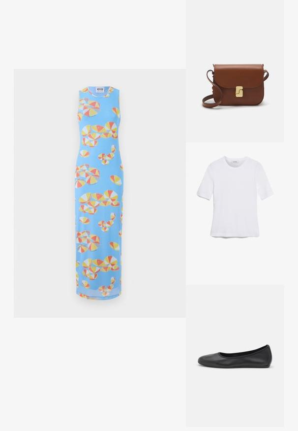 Bezrukávové modré maxi šaty s pestrofarebným potlačou žltých, oranžových a šedých plážových lôpt rôznych veľkostí. Hladká textúra.; Biela krátka tričko s krátkymi rukávmi vyrobené z rebrovanej látky. Klasický okrúhly výstrih, bežný strih a jemné švy. Bez vzorov alebo grafiky.; Čierne kožené baleríny s okrúhlou špičkou, hladkým povrchom, minimálnym prešívaním a flexibilným dizajnom podrážky.; Hnedá kožená kabelka s klopou, zlatými kovovými prvkami, ramenným popruhom a hladkým povrchom. Kompaktný obdĺžnikový tvar.