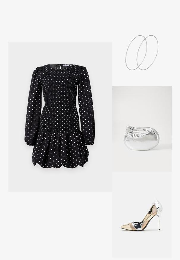 Juoda suknelė ilgomis rankovėmis su baltais taškeliais, su smulkiu prigludusiu bodiu, pūstomis sijonų apatinėmis dalimis ir apvaliu kaklu.; Aštrus pirštas aukštakulnis batelis su sidabro, aukso ir nuogų spalvų deriniu. Blizgus paviršius su išpjovos dizainu, su stiletto kulnu.; Sidabrinė metalinė maišelio forma su švelnia, apvalia forma ir mazgu užveriamu viršumi. Pagaminta iš lygios dirbtinės odos medžiagos.; Sidabrinės pusmėnulio auskarai minimalistiniu dizainu. Apskritimo forma, lygus paviršius ir plonas profilis. Lengvi su poliruotu apdailu.