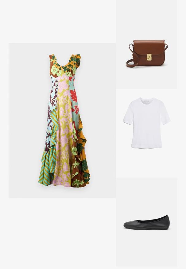 Rochie maxi cu un decolteu volănut, având modele florale și în dungi vibrante în nuanțe de verde, albastru, portocaliu și roșu pe un material ușor.; Tricou alb cu mânecă scurtă, confectionat dintr-un material texturat. Gât rotund, tăietură regulară și detalii subtile de cusătură. Fără modele sau grafice.; Balerini din piele neagră, cu vârf rotund, textură netedă, detalii de cusătură minimale și un design al tălpii flexibil.; Geantă de piele maro cu închidere tip capac, accesorii de culoare aurie, curea de umăr și o textură netedă. Formă compactă și rectangulară.