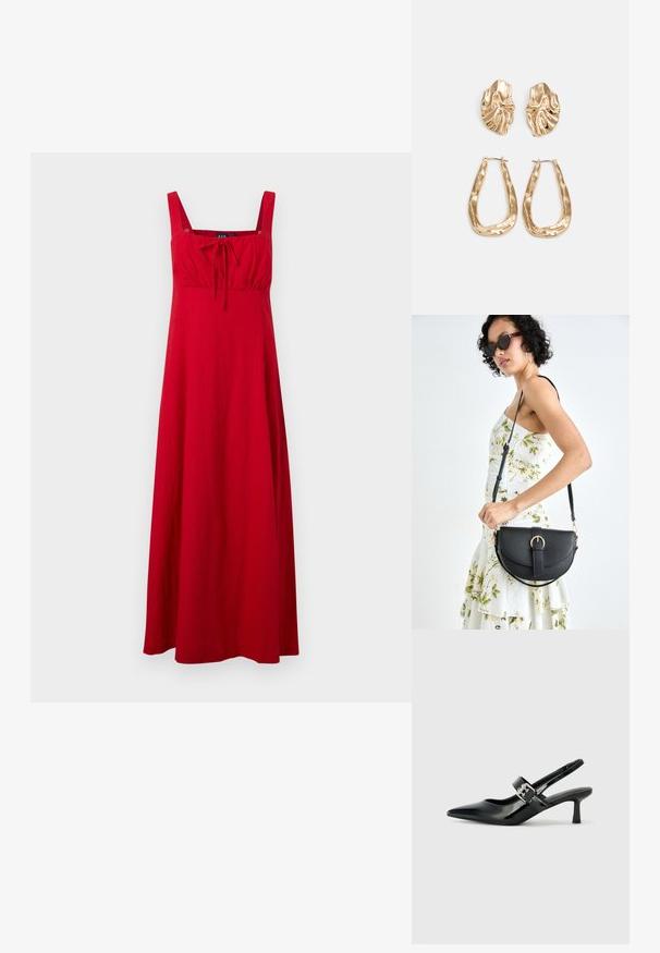 Punane, ilma varrukat maxi-kleit ruudukujulise kaelusega, kogutud talje ja sidumisdetailiga. Valmistatud kergest kangast, millel on voolav disain.; Mustad patenteeritud nahast sildiga kontsad, millel on terav nina ja väike plokk-konts, mille rihmal on hõbedane pandla aksessuaar.; Mustmust mustraha kõverate joontega, eemaldatava rihmaga ja kuldsete detailidega. Kotil on klapp, millel on pandladetail.; Kuldse värvi kõrvarõngad, mis on kaunistatud tekstuursete ja laineliste kujunditega. Komplektis on skulpturaalsed klamber kõrvarõngad ja avatud rõngasdisain, millel on lõhestatud viimistlus.