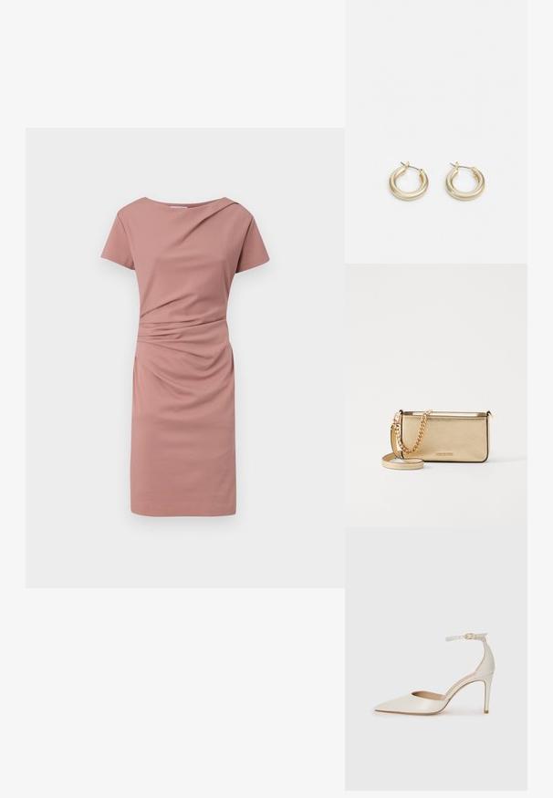 Haljina kratkih rukava u svijetlo ružičastoj boji, sa okruglim izrezom, drapiranim detaljem sprijeda i uskim krojem koji pada iznad koljena.; Bijela kožna visoko potpetica s oštrim vrhom, remenom oko članaka i tankom stiletto potpeticom. Glatka tekstura s blagim sjajnim završetkom.; Metalna zlatna kožna torbica s teksturiranom površinom, opremljena zlatnim lancem i uklonjivom naramenicom. Utisnuti logotip branda.; Lauren Ralph Lauren BASIC SMALL HOOP - Naušnice - gold-coloured