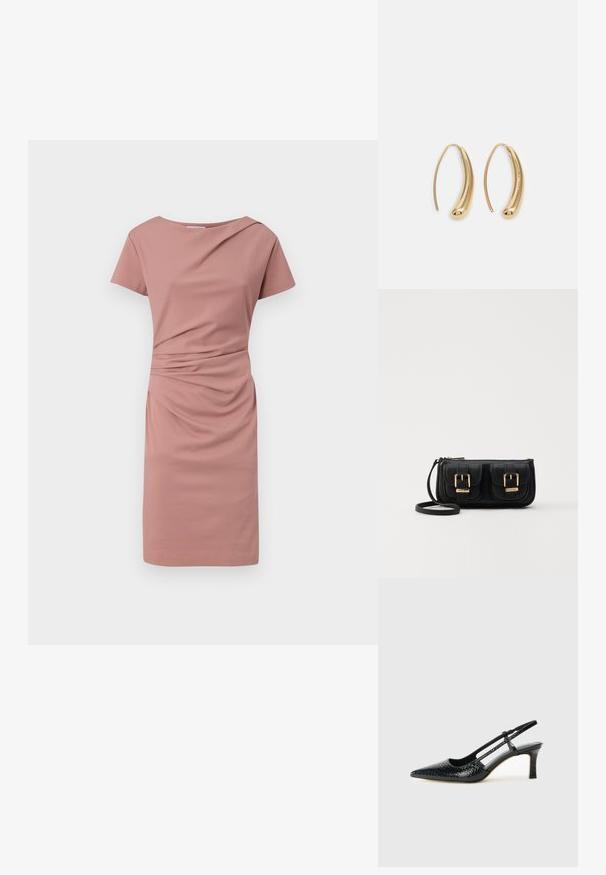 Lyhythihainen mekko vaaleanpunaisena, jossa on pyöreä pääntie, letitetty etuosan yksityiskohta ja kapea malli, joka ulottuu polven ylle.; Musta patent slingback-kiilakorko teräväkärkisellä muotoilulla, jossa on teksturoitu käärmeennahkakuosi, säädettävä remmi ja lyhyt, teksturoitu blokkiheel.; Musta nahkainen olkalaukku, jossa on kaksi etutaskua, kultaiset soljet, vetoketjukiinnitys ja kapea hihna. Teksturoidun pinnan ja kompaktin suorakaiteen muoto.; Korvakorut kultasävytteistä metallista, joissa on kaareva, pitkänomainen muoto. Ominaisuuksiin kuuluu sileä, kiiltävä pinta ja pyöreä kärki lisäyksinä.