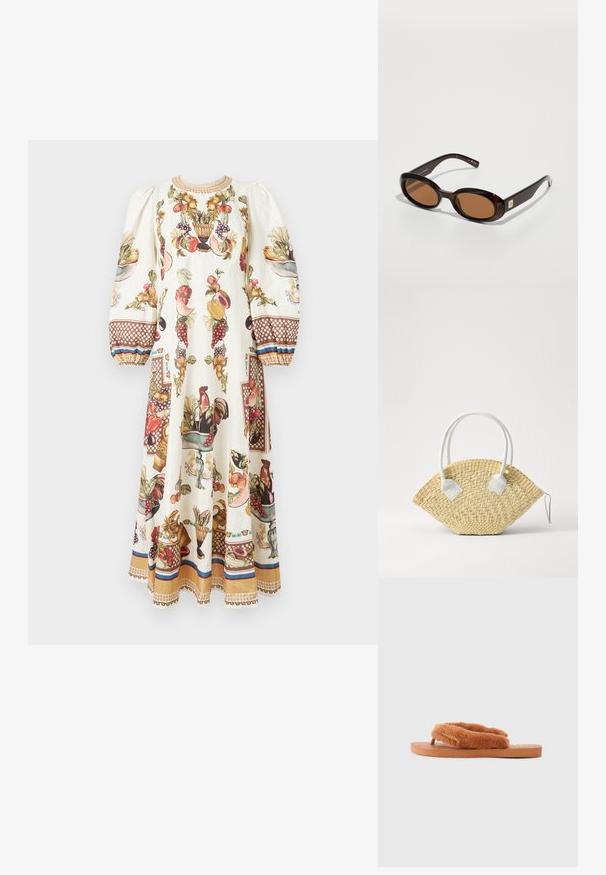 Długa kremowa sukienka z bufiastymi rękawami, ozdobiona kolorowymi wzorami owoców, warzyw i kogutów oraz brązowymi wzorami na mankietach i u dołu.; Brązowe, puszyste klapki z szerokimi paskami i fakturowanym wkładem. Posiadają złoty akcent logo. Podeszwa jest płaska i wykonana z gumy.; Brązowe okulary przeciwsłoneczne w kształcie muszki z owalnymi soczewkami, z cienką oprawką i małym metalowym akcentem z boku. Teksturowane i wypolerowane wykończenie.; Wiklinowa torba na ramię w kształcie wachlarza, z białymi skórzanymi akcentami i okrągłymi uchwytami. Posiada teksturowaną powierzchnię oraz zamek błyskawiczny.