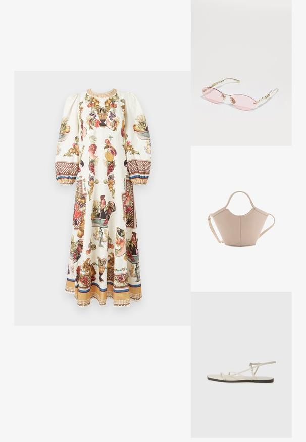 Dlouhé krémové šaty s vystouplými rukávy, zdobené barevnými vzory ovoce, zeleniny a kohouta, a hnědými vzorovanými manžetami a lemem.; Béžové ploché sandály s několika štíhlými pásky a nastavitelnou přezkou. Podešev je plochá s mírným tmavým kontrastem na okraji.; Gucci Sluneční brýle - gold-coloured/pink; Beige kožená kabelka s jedinečným tvarem, vybavená dvěma krátkými uchy a dlouhým nastavitelným popruhem. Hladká textura s minimem kovových doplňků.