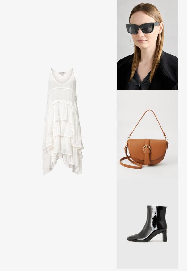 Hvit, ermeløs kjole med lagdelt volangdesign, med buet kant og myk, lett stoff for en flytende utseende.; Sorte patentlær ankle boot med spiss tå og en mellomhøy blokkhelt. Glatt tekstur og minimalistisk design.; Sorte katteøyne solbriller med mørke linser, tykke rammer og subtile detaljer. Båret med en svart frakk og grå topp, med langt, rett hår.; Brun lærcrossbody-veske med en buet form, gullhardware og et spenneakcent. Har en avtakbar skulderreim.